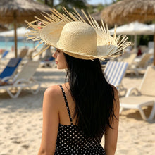 Load image into Gallery viewer, Hand Woven Straw Sun Hat Wide Brim UV Protection Lightweight Breathable Beach Hat Summer Seaside Travel Headwear
