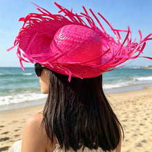 Load image into Gallery viewer, Hand Woven Straw Sun Hat Wide Brim UV Protection Lightweight Breathable Beach Hat Summer Seaside Travel Headwear
