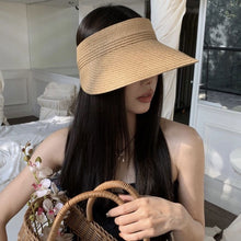 Load image into Gallery viewer, Women Empty Top Wide Brim Straw Sun Visor Hat Foldable Adjustable UV Protection Breathable Headband Style Beach Travel Outdoor Summer Hat
