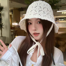 Load image into Gallery viewer, Japanese Style Hollow Out Knitted Lace Up Bucket Hat Summer Breathable Foldable Sun Hat For Women Outdoor Beach
