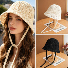 Load image into Gallery viewer, Japanese Style Hollow Out Knitted Lace Up Bucket Hat Summer Breathable Foldable Sun Hat For Women Outdoor Beach
