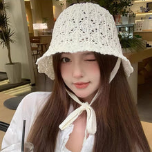 Load image into Gallery viewer, Japanese Style Hollow Out Knitted Lace Up Bucket Hat Summer Breathable Foldable Sun Hat For Women Outdoor Beach
