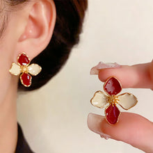 Load image into Gallery viewer, Alloy Metal Four Leaf Clover Drip Oil Stud Earrings 3D Roselle Flower Fashion Women Wedding Party Jewelry
