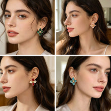 Load image into Gallery viewer, Alloy Metal Four Leaf Clover Drip Oil Stud Earrings 3D Roselle Flower Fashion Women Wedding Party Jewelry
