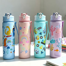 Load image into Gallery viewer, Large Capacity Cartoon Pattern Water Bottle with Straw Leakproof Portable Plastic Drinking Cup Outdoor School Travel
