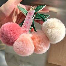 Load image into Gallery viewer, Lightweight Fluffy Cherry Keychain Faux Rex Rabbit Fur Plush Pendant Cartoon Car Keyring Bag Charm for Women
