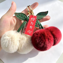 Load image into Gallery viewer, Lightweight Fluffy Cherry Keychain Faux Rex Rabbit Fur Plush Pendant Cartoon Car Keyring Bag Charm for Women
