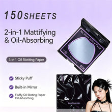Load image into Gallery viewer, 150Pcs Facial Oil-Blotting Paper with Mirror &amp; Puff for Makeup Setting Portable Oil-Control Oil-absorbing Wood Pulp Paper
