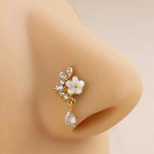 Load image into Gallery viewer, 1Pc Fairycore Floral Teardrop Dangle Nose Cuff L-Shaped Sparkling Zircon Nose Piercing Stud Set For Women Girls
