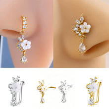 Load image into Gallery viewer, 1Pc Fairycore Floral Teardrop Dangle Nose Cuff L-Shaped Sparkling Zircon Nose Piercing Stud Set For Women Girls
