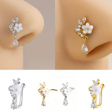 Load image into Gallery viewer, 1Pc Fairycore Floral Teardrop Dangle Nose Cuff L-Shaped Sparkling Zircon Nose Piercing Stud Set For Women Girls
