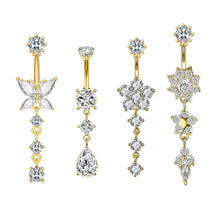 Load image into Gallery viewer, Gold Tone Stainless Steel Alloy Belly Button Ring Flower CZ Crystal Dangle Navel Ring Barbell Piercing Jewelry For Men Women
