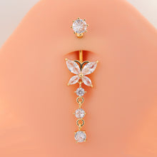 Load image into Gallery viewer, Gold Tone Stainless Steel Alloy Belly Button Ring Flower CZ Crystal Dangle Navel Ring Barbell Piercing Jewelry For Men Women
