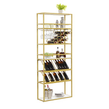 Load image into Gallery viewer, LED Tall Bar Cabinet Wine Rack, Gold Contemporary Standing Honeycomb Wine Rack with Glass Rack
