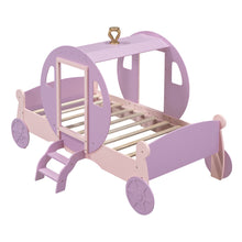 Load image into Gallery viewer, Twin size Princess Carriage Bed with Crown,Wood Platform Car Bed with Stair,Purple+Pink
