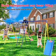 Load image into Gallery viewer, 500 lbs 7 in 1 Swing Set for Kids Backyard Outdoor A-Frame Heavy-Duty Metal Swing Sets with Slide, 2 Swing Seats, 1 Climbing Net &amp; Ladder, 1 Gym Ring, 1 Basket
