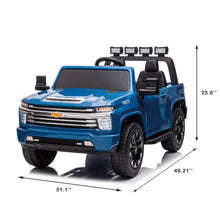 Load image into Gallery viewer, Blue, 24V 2 Seater Ride On Truck Car, Licensed Chevrolet Silverado HD Electric Car for Kids, 4WDmotors, with 2.4G Remote Control, Metal Suspension, Soft Start, FM/Bluetooth/Music, LED Light,Toys Gifts
