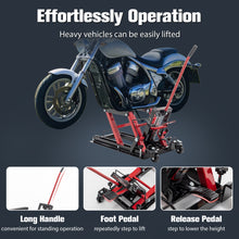 Load image into Gallery viewer, Hydraulic Motorcycle Lift Jack, 1500 LBS Capacity Foot-Operated Motorcycle Lift Table, ATV Scissor Lift Jack with 4.5" - 15" Lifting Range, Portable Motorcycle Lift Table with Wheels
