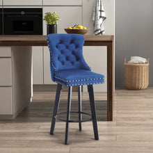 Load image into Gallery viewer, YS Modern  Swivel Bar Stools Velvet Barstools Button Tufted Bar Stools Rivet Trim Bar Stools for Kitchen Island,Bistro, with Metal Pull Ring Sturdy Footrest Large Backrest for Home Bar,Blue
