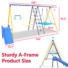 Load image into Gallery viewer, 500 lbs 7 in 1 Swing Set for Kids Backyard Outdoor A-Frame Heavy-Duty Metal Swing Sets with Slide, 2 Swing Seats, 1 Climbing Net &amp; Ladder, 1 Gym Ring, 1 Basket
