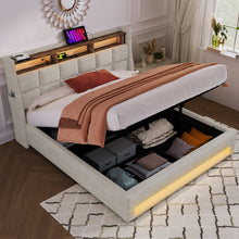 Load image into Gallery viewer, Full size Upholstered Platform bed with a Hydraulic Storage System, LED and USB Charging, Natural (without mattress)
