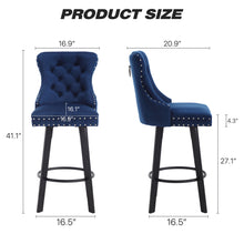 Load image into Gallery viewer, YS Modern  Swivel Bar Stools Velvet Barstools Button Tufted Bar Stools Rivet Trim Bar Stools for Kitchen Island,Bistro, with Metal Pull Ring Sturdy Footrest Large Backrest for Home Bar,Blue
