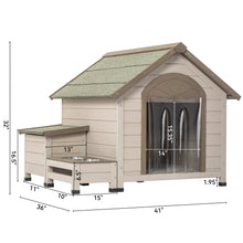 Load image into Gallery viewer, Outdoor fir wood dog house with an open roof ideal for small to medium dogs. With storage box, elevated feeding station with 2 bowls. Weatherproof asphalt roof and treated wood.
