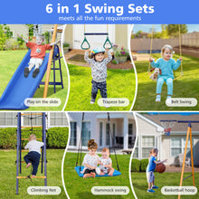 Load image into Gallery viewer, 500 lbs 7 in 1 Swing Set for Kids Backyard Outdoor A-Frame Heavy-Duty Metal Swing Sets with Slide, 2 Swing Seats, 1 Climbing Net &amp; Ladder, 1 Gym Ring, 1 Basket
