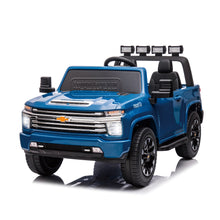 Load image into Gallery viewer, Blue, 24V 2 Seater Ride On Truck Car, Licensed Chevrolet Silverado HD Electric Car for Kids, 4WDmotors, with 2.4G Remote Control, Metal Suspension, Soft Start, FM/Bluetooth/Music, LED Light,Toys Gifts
