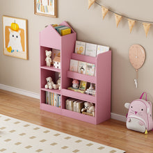 Load image into Gallery viewer, Pink Kids Wooden Bookshelf Toy Storage Organizer with Bookcase, Kid's Bin Storage Unit with 6 Compartments 2 Baskets Bins Toys Box Organizer, Children Multi Shelf Cubby for Books, Toys Shelf
