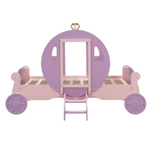 Load image into Gallery viewer, Twin size Princess Carriage Bed with Crown,Wood Platform Car Bed with Stair,Purple+Pink
