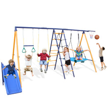 Load image into Gallery viewer, 500 lbs 7 in 1 Swing Set for Kids Backyard Outdoor A-Frame Heavy-Duty Metal Swing Sets with Slide, 2 Swing Seats, 1 Climbing Net &amp; Ladder, 1 Gym Ring, 1 Basket
