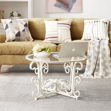 Load image into Gallery viewer, Glass Coffee Table with Sturdy Iron Leaf-shape Base, Leisure Cocktail Table with Tempered Glass Top for Living Room, Dining Room (White)
