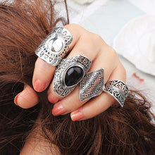 Load image into Gallery viewer, 4Pcs/Set Vintage Silver Gypsy Boho Ethnic Ring Hollow Carved Gem Diamond Midi Knuckle Rings Women Jewelry
