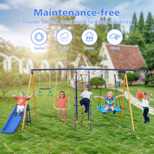 Load image into Gallery viewer, 500 lbs 7 in 1 Swing Set for Kids Backyard Outdoor A-Frame Heavy-Duty Metal Swing Sets with Slide, 2 Swing Seats, 1 Climbing Net &amp; Ladder, 1 Gym Ring, 1 Basket
