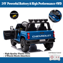 Load image into Gallery viewer, Blue, 24V 2 Seater Ride On Truck Car, Licensed Chevrolet Silverado HD Electric Car for Kids, 4WDmotors, with 2.4G Remote Control, Metal Suspension, Soft Start, FM/Bluetooth/Music, LED Light,Toys Gifts
