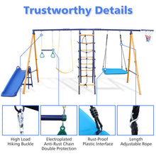 Load image into Gallery viewer, 500 lbs 7 in 1 Swing Set for Kids Backyard Outdoor A-Frame Heavy-Duty Metal Swing Sets with Slide, 2 Swing Seats, 1 Climbing Net &amp; Ladder, 1 Gym Ring, 1 Basket
