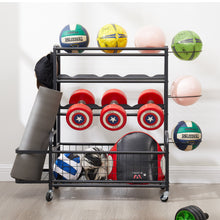 Load image into Gallery viewer, 4-Tier Metal Storage Organizer with Rolling Wheels for Basketball Sports Equipment Organizer for Yoga Mat Larger Ball Storage Rack with Baskets and Hooks, Indoor or Outdoor for Tennis Racket,Football
