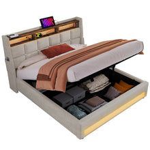 Load image into Gallery viewer, Full size Upholstered Platform bed with a Hydraulic Storage System, LED and USB Charging, Natural (without mattress)
