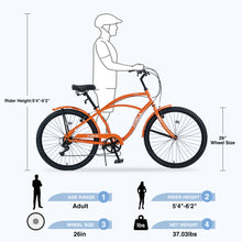 Load image into Gallery viewer, 7 Speed Bicycles 26"Inch Multiple Colors Men's Beach Cruiser Bike
