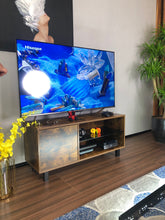 Load image into Gallery viewer, Rustic Brown TV Console with push-to-open Storage Cabinet for TV up to 65in Wood &amp;glass TV Stand for Living Room Bedroom
