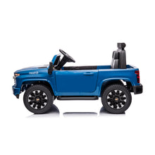 Load image into Gallery viewer, Blue, 24V 2 Seater Ride On Truck Car, Licensed Chevrolet Silverado HD Electric Car for Kids, 4WDmotors, with 2.4G Remote Control, Metal Suspension, Soft Start, FM/Bluetooth/Music, LED Light,Toys Gifts
