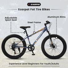 Load image into Gallery viewer, S24109 Elecony 24 Inch Fat Tire Bike Adult/Youth Full Shimano 7 Speeds Mountain Bike, Dual Disc Brake, High-Carbon Steel Frame, Front Suspension, Mountain Trail Bike, Urban Commuter City Bicycle
