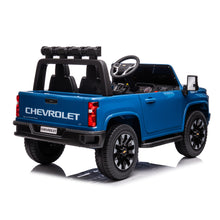 Load image into Gallery viewer, Blue, 24V 2 Seater Ride On Truck Car, Licensed Chevrolet Silverado HD Electric Car for Kids, 4WDmotors, with 2.4G Remote Control, Metal Suspension, Soft Start, FM/Bluetooth/Music, LED Light,Toys Gifts
