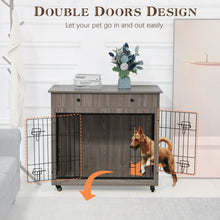 Load image into Gallery viewer, Dog Crate Furniture, Wooden Dog Crate End Table, 38.4 Inch Dog Kennel with 2 Drawers Storage, Heavy Duty Dog Crate, Decorative Pet Crate Dog Cage for Large Indoor Use (Grey) 38.4" L×23.2" W×35" H
