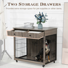 Load image into Gallery viewer, Dog Crate Furniture, Wooden Dog Crate End Table, 38.4 Inch Dog Kennel with 2 Drawers Storage, Heavy Duty Dog Crate, Decorative Pet Crate Dog Cage for Large Indoor Use (Grey) 38.4" L×23.2" W×35" H
