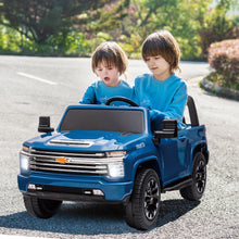 Load image into Gallery viewer, Blue, 24V 2 Seater Ride On Truck Car, Licensed Chevrolet Silverado HD Electric Car for Kids, 4WDmotors, with 2.4G Remote Control, Metal Suspension, Soft Start, FM/Bluetooth/Music, LED Light,Toys Gifts

