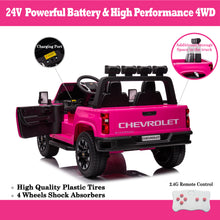Load image into Gallery viewer, Pink, 24V 2 Seater Ride On Truck Car, Licensed Chevrolet Silverado HD Electric Car for Kids, 4WDmotors, with2.4G Remote Control, Metal Suspension, Soft Start, FM/Bluetooth/Music, LED Light,Toys Gifts
