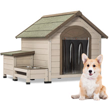 Load image into Gallery viewer, Outdoor fir wood dog house with an open roof ideal for small to medium dogs. With storage box, elevated feeding station with 2 bowls. Weatherproof asphalt roof and treated wood.

