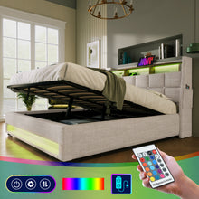 Load image into Gallery viewer, Full size Upholstered Platform bed with a Hydraulic Storage System, LED and USB Charging, Natural (without mattress)

